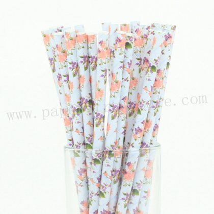 Pink Purple Flower Blue Paper Straws 500pcs [fpaperstraws008]