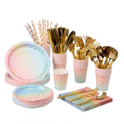 Disposable Gold Dot Rainbow Dinnerware Set Serves 25