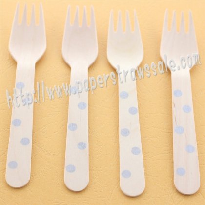 Wooden Forks Silver Polka Dot Printed 100pcs