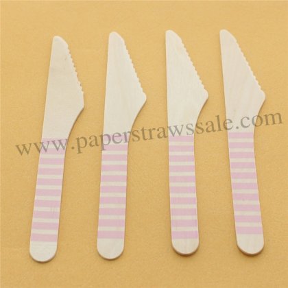 Baby Pink Stripe Print Wooden Knife 100pcs