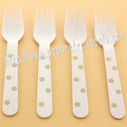 Wooden Forks Gold Polka Dot Printed 100pcs