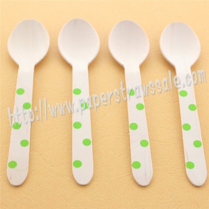 Green Polka Dot Print Wooden Spoons 100pcs [wspoons011]