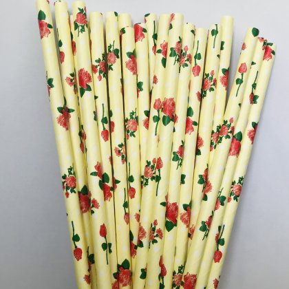 Flower Dot Red Rose Light Yellow Paper Straws 500 pcs [fpaperstraws024]