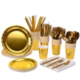 200 pcs Serves 25 Gold Foil Disposable Tableware Set