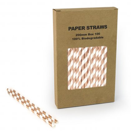 100 pcs/Box Foil Rose Gold Striped Paper Drinking Straws [rosegoldstripestraws100]