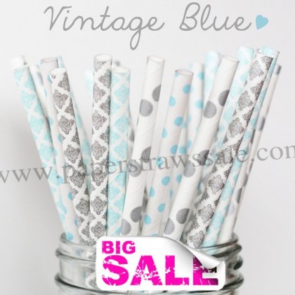 200pcs VINTAGE BLUE Paper Straws Mixed [themedstraws146]