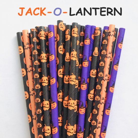 100 Pcs/Box Mixed Party Halloween Jack O Lantern Paper Straws - Click Image to Close