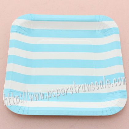 7" Blue Striped Square Paper Plates 60pcs