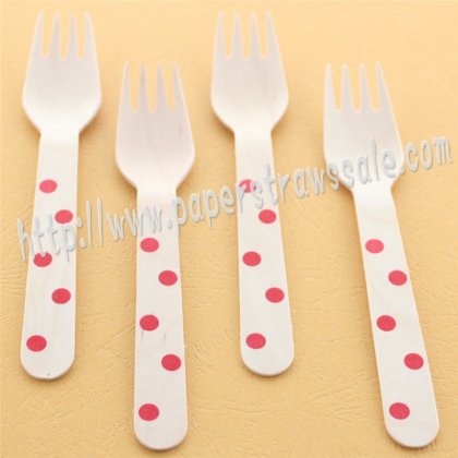 Wooden Forks Red Polka Dot Printed 100pcs