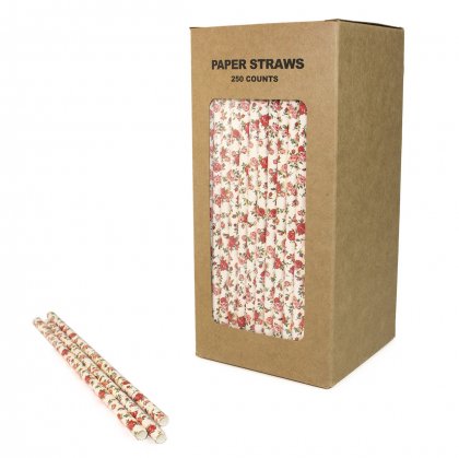 250 pcs/Box Vintage Light Pink Floral Paper Straws [h001floralstraws250]