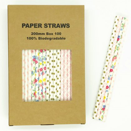 100 Pcs/Box Mixed Pink Gold Flower Garden Party Paper Straws