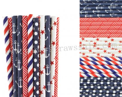250pcs Navy Blue and Red Paper Straws Mixed [themedstraws275]