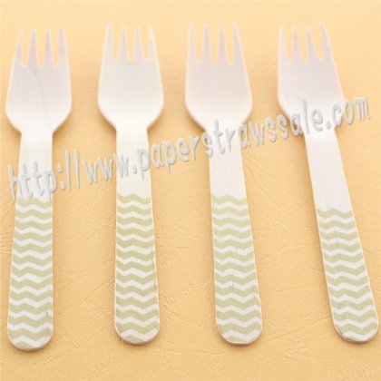 Wooden Forks Gold Chevron Printed 100pcs [wforks017]