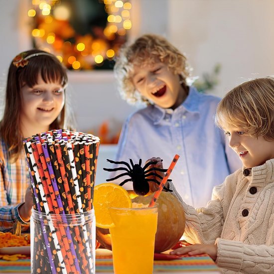 Halloween Assorted Orange Pumkin Black Paper Straws 500 Pcs - Click Image to Close