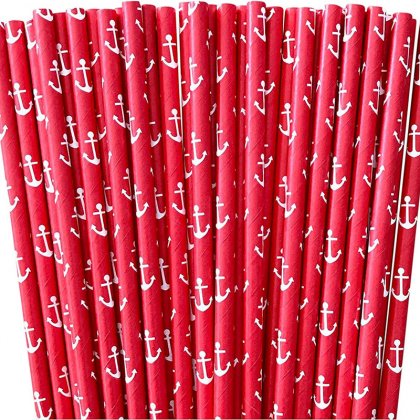 Nautical Red With White Anchor Print Paper Straws 500 pcs