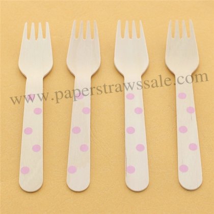 Wooden Forks Baby Pink Polka Dot Printed 100pcs [wforks026]