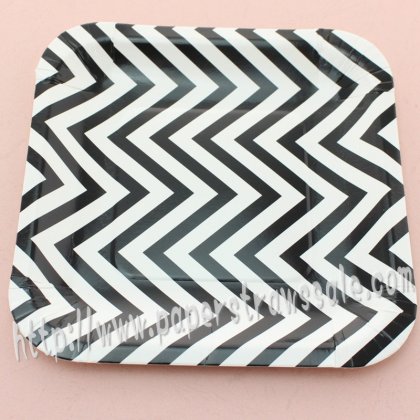 7" Black Zig Zag Stripe Square Paper Plates 60pcs