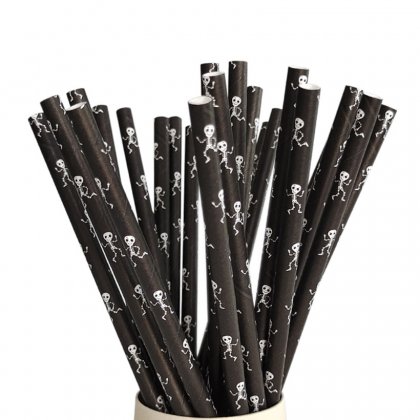 Halloween White Skeleton Black Paper Straws 500 pcs