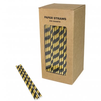 250 pcs/Box Black and Gold Foil Stripe Paper Straws [blackgoldstraws250]