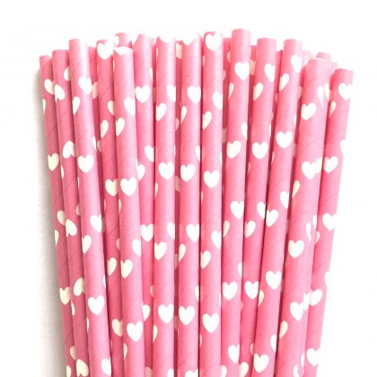 Hot Pink with White Heart Paper Straws 500 pcs [heartpaperstraws001]