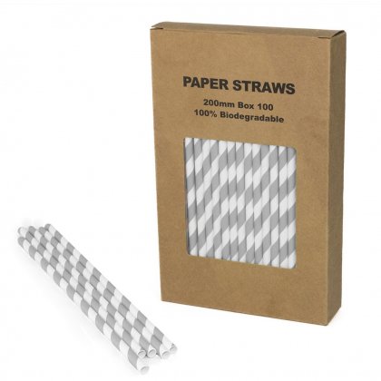 100 pcs/Box Gray Grey Striped Paper Drinking Straws [greystripestraws100]