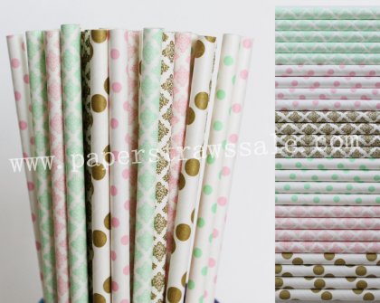 300pcs Pink Mint Gold Paper Straws Mixed