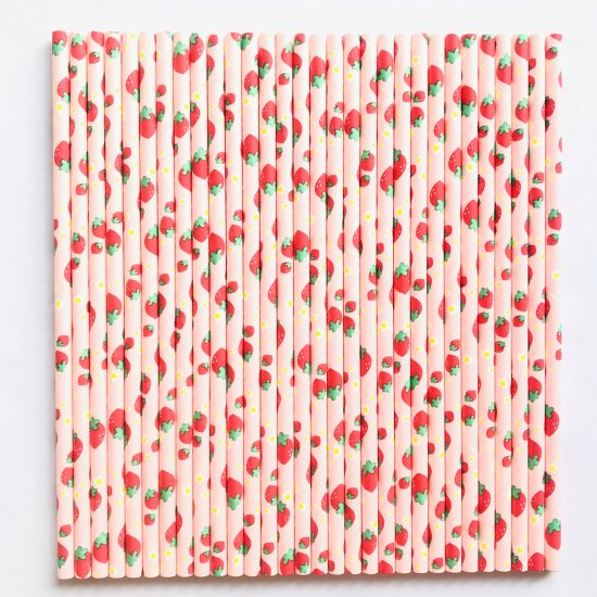 100 Pcs/Box Fruit Red Strawberry Pink Paper Straws - Click Image to Close