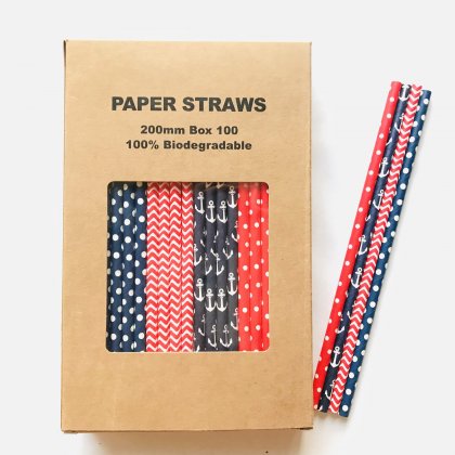 100 Pcs/Box Mixed Navy Red Anchors Away Paper Straws [100boxpaperstraws058]