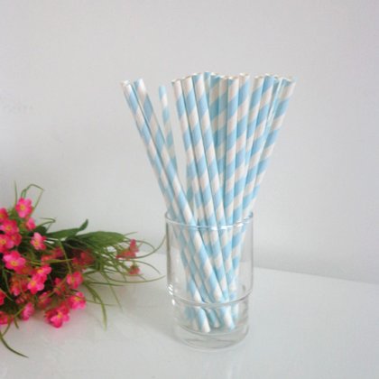 Paper Straws with Light Blue Stripes 500pcs [spaperstraws012]