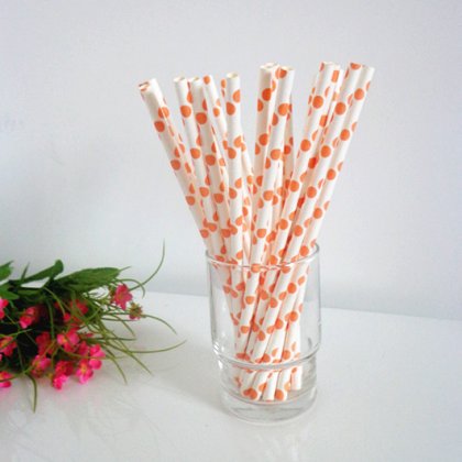 Orange Polka Dot White Paper Drinking Straws 500pcs [ppaperstraws011]