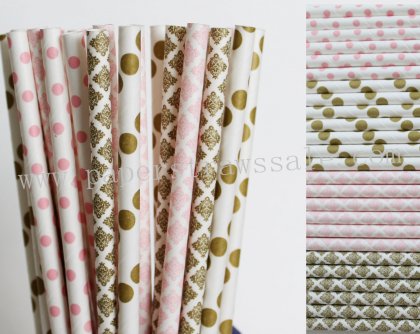 200pcs Metallic Gold Light Pink Paper Straws Mixed [themedstraws272]