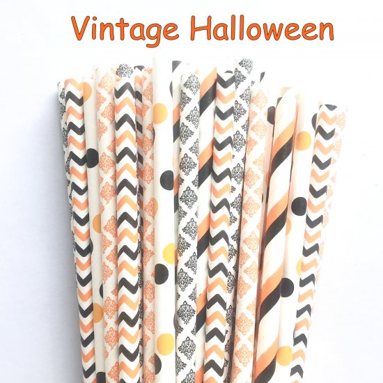 100 Pcs/Box Mixed Party Vintage Halloween Paper Straws - Click Image to Close