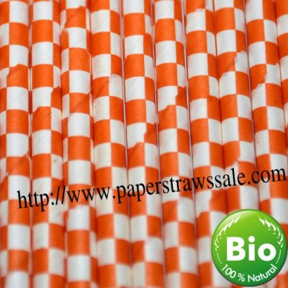 Orange Checkered Printed Paper Straws 500pcs [chepaperstraws005]