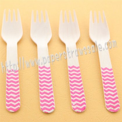 Wooden Forks Hot Pink Chevron Printed 100pcs [wforks007]