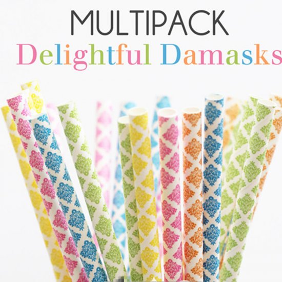 100 Pcs/Box Mixed Colorful Delightful Damasks Paper Straws - Click Image to Close