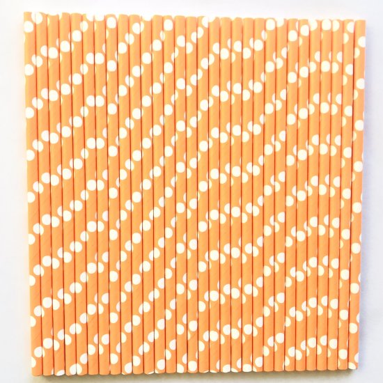 White Polka Dot Orange Paper Straws 500 Pcs - Click Image to Close