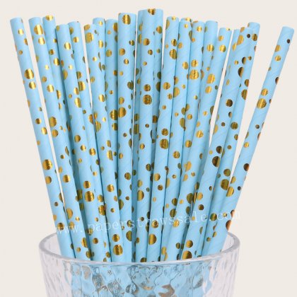 Bubble Assorted Dot Paper Straws Light Blue Gold Foil 500 pcs [foilstraws062]