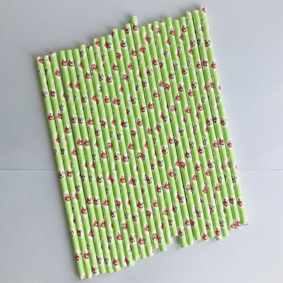 Red Rose Floral Pastel Green Paper Straws 500 pcs - Click Image to Close