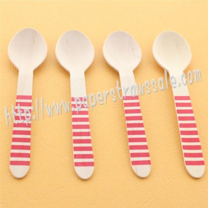 Red Striped Print Wooden Spoons 100pcs [wspoons006]