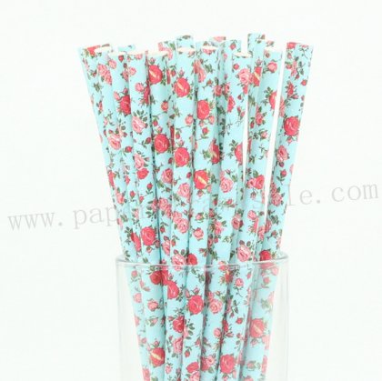 English Roses Teal Floral Paper Straws 500pcs [fpaperstraws002]