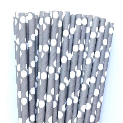 Grey Gray With White Polka Dot Paper Straws 500 Pcs