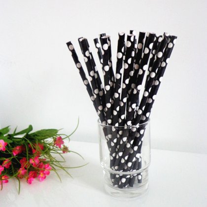 Black Paper Straws with White Polka Dot 500pcs [ppaperstraws009]