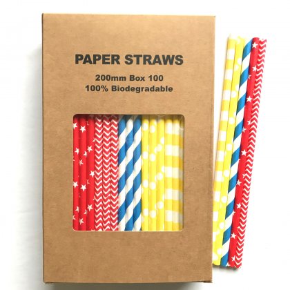 100 Pcs/Box Mixed Blue Red Yellow Primary Days Paper Straws [100boxpaperstraws016]