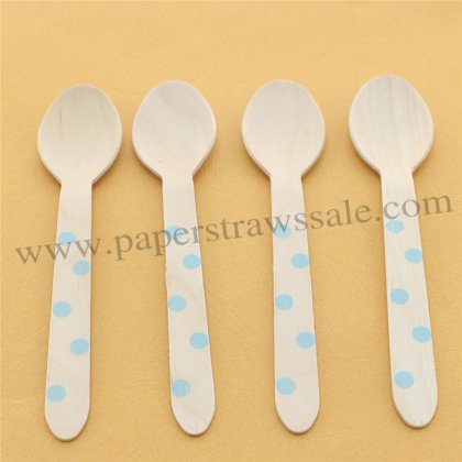 Light Blue Polka Dot Wooden Spoons 100pcs [wspoons026]