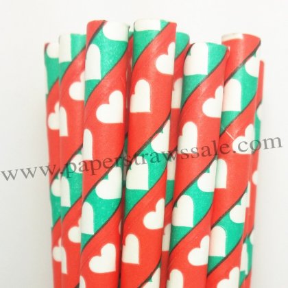 Green Red Stripe White Heart Paper Straws 500pcs