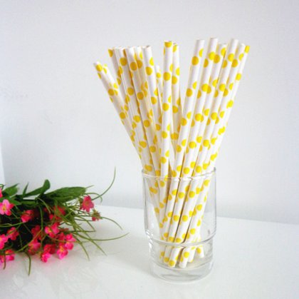 Paper Drinking Straws with Yellow Polka Dot 500pcs [ppaperstraws007]