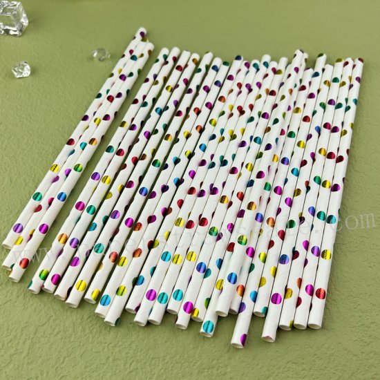 Metallic Colorful Rainbow Foil Polka Dot Paper Straws 500 pcs - Click Image to Close