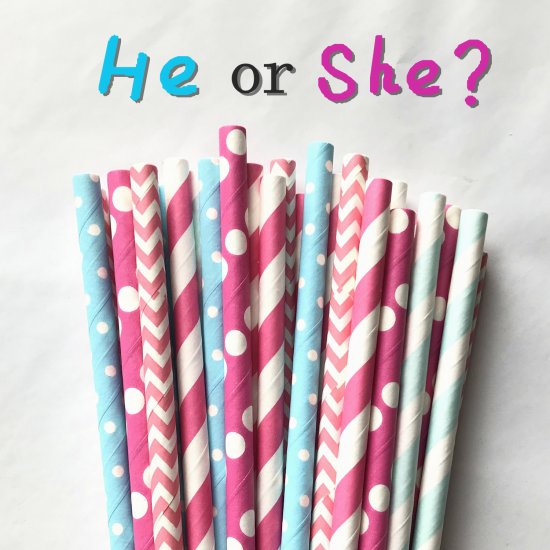 100 Pcs/Box Mixed He Or She Gender Reveal Paper Straws - Click Image to Close