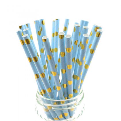 Gold Foil Polka Dot Light Blue Paper Straws 500 pcs