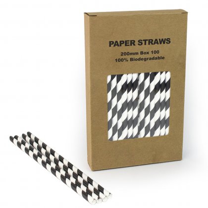 100 pcs/Box Black Striped Paper Drinking Straws [blackstripestraws100]
